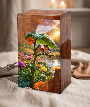 Family Birds Wooden Cremation Urn – Personalized Memorial Urn for Human Ashes