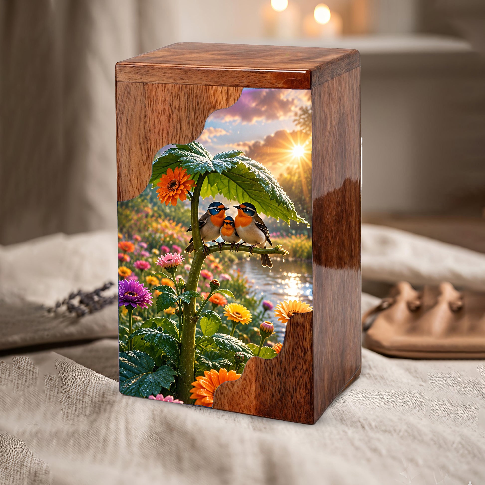 Family Birds Wooden Cremation Urn – Personalized Memorial Urn for Human Ashes