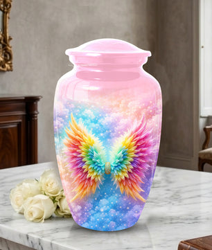 Angel Wings Urn for Mom, Rainbow Memorial Large Urn,Cremation Urn for Mama