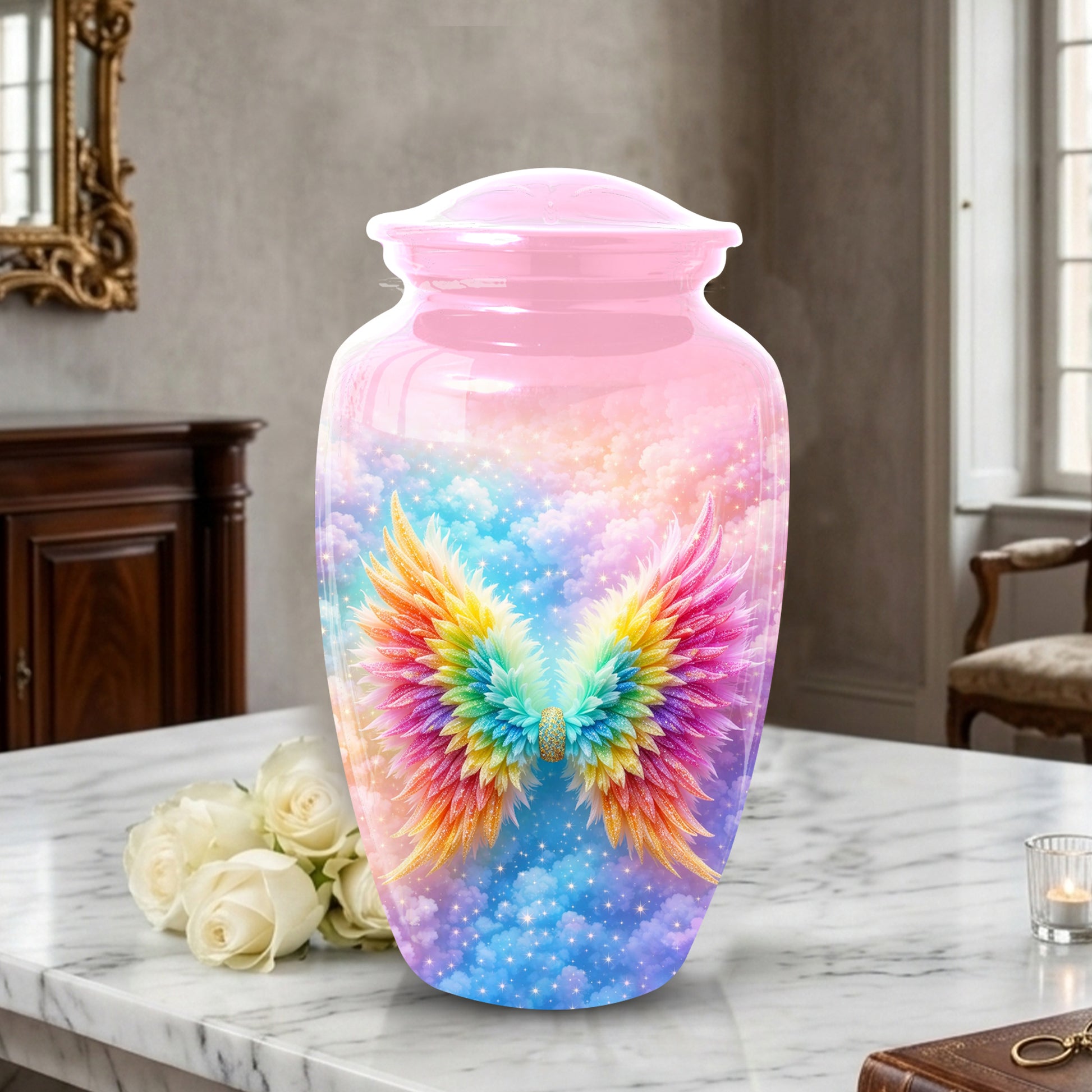 Angel Wings Urn for Mom, Rainbow Memorial Large Urn,Cremation Urn for Mama