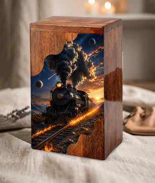 Steam Train Wooden Cremation Urn for Human Ashes | Personalized Railroad Memorial Urn