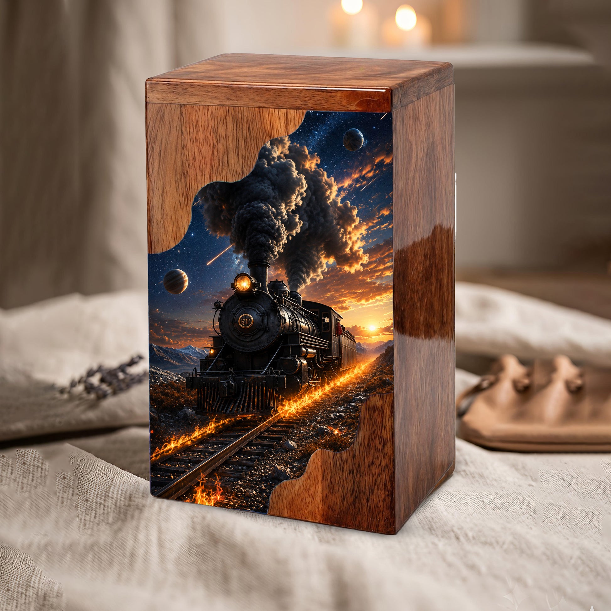 Steam Train Wooden Cremation Urn for Human Ashes | Personalized Railroad Memorial Urn