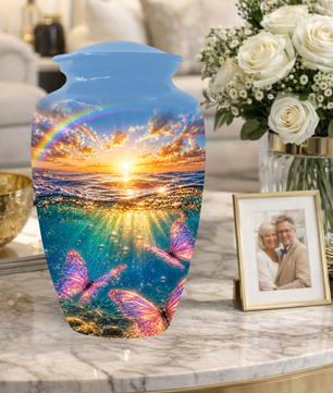Pink Butterfly Cremation Urn for Women - Rainbow Sunset Memorial Urns for Ashes