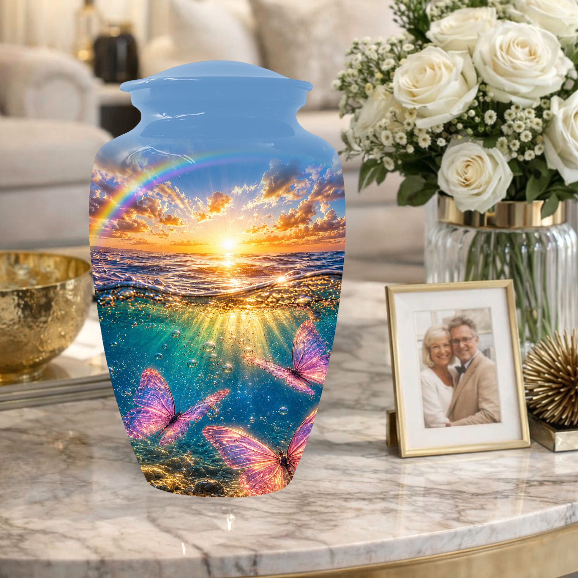 Pink Butterfly Cremation Urn for Women - Rainbow Sunset Memorial Urns for Ashes