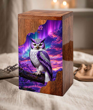 Purple Owl Wooden Cremation Urn – Aurora Memorial Urn