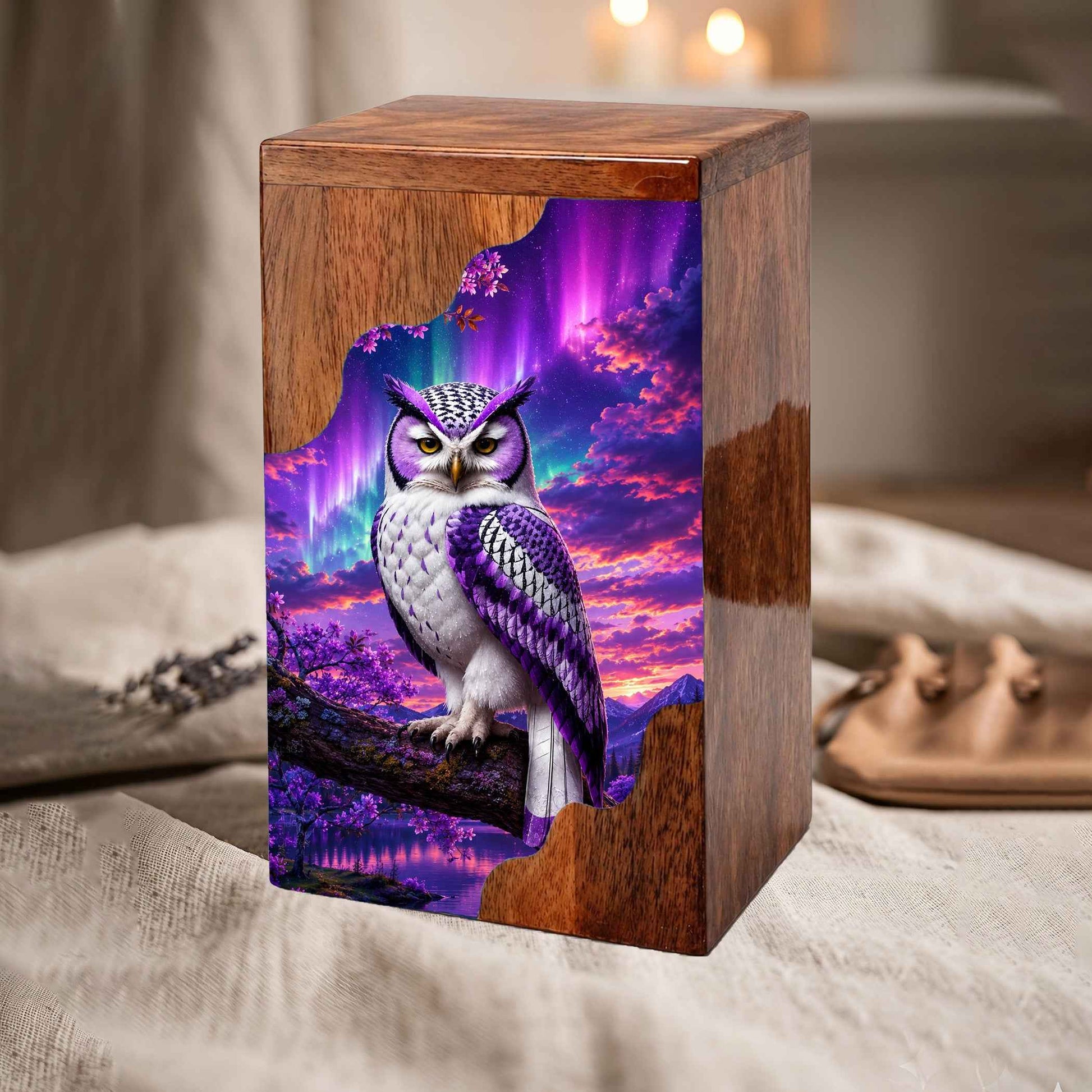 Purple Owl Wooden Cremation Urn – Aurora Memorial Urn
