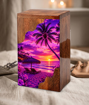 Tropical Sunset Wooden Cremation Urn – Beach Memorial Urn for Human Ashes