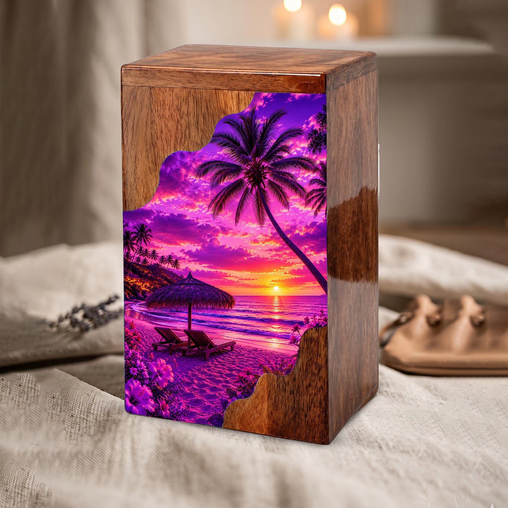 Tropical Sunset Wooden Cremation Urn – Beach Memorial Urn for Human Ashes