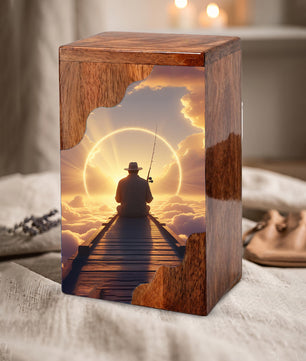Fishing in Heaven Personalized Wooden Cremation Urn for Dad – Custom Memorial Urn with Sunset Fishing