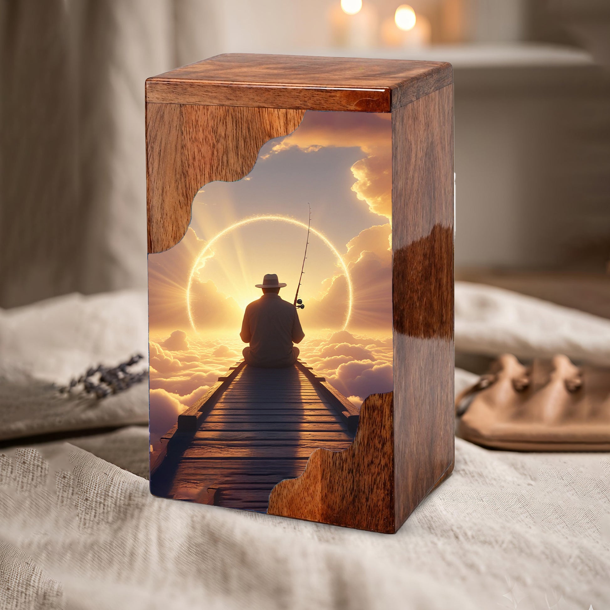 Fishing in Heaven Personalized Wooden Cremation Urn for Dad – Custom Memorial Urn with Sunset Fishing