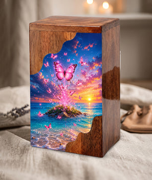 Pink Butterfly Ocean Wooden Cremation Urn – Sunset Memorial Urn for Mom