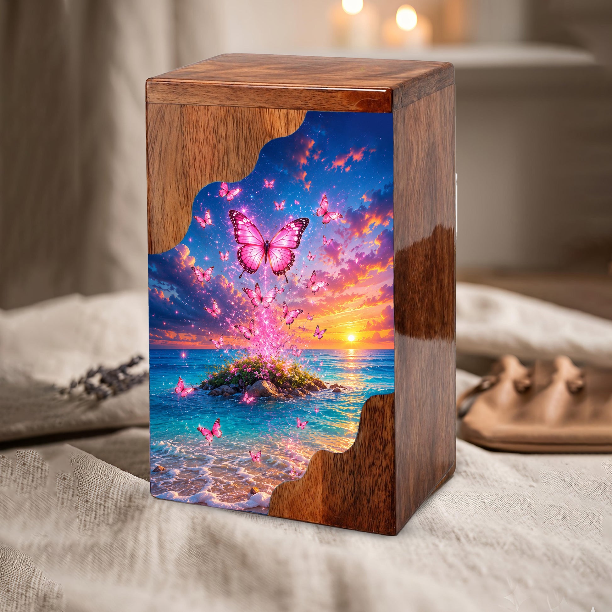 Pink Butterfly Ocean Wooden Cremation Urn – Sunset Memorial Urn for Mom