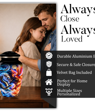 Blue Dragon and Phoenix Cremation Urn for Adult Ashes, Fantasy Bird Memorial Urn