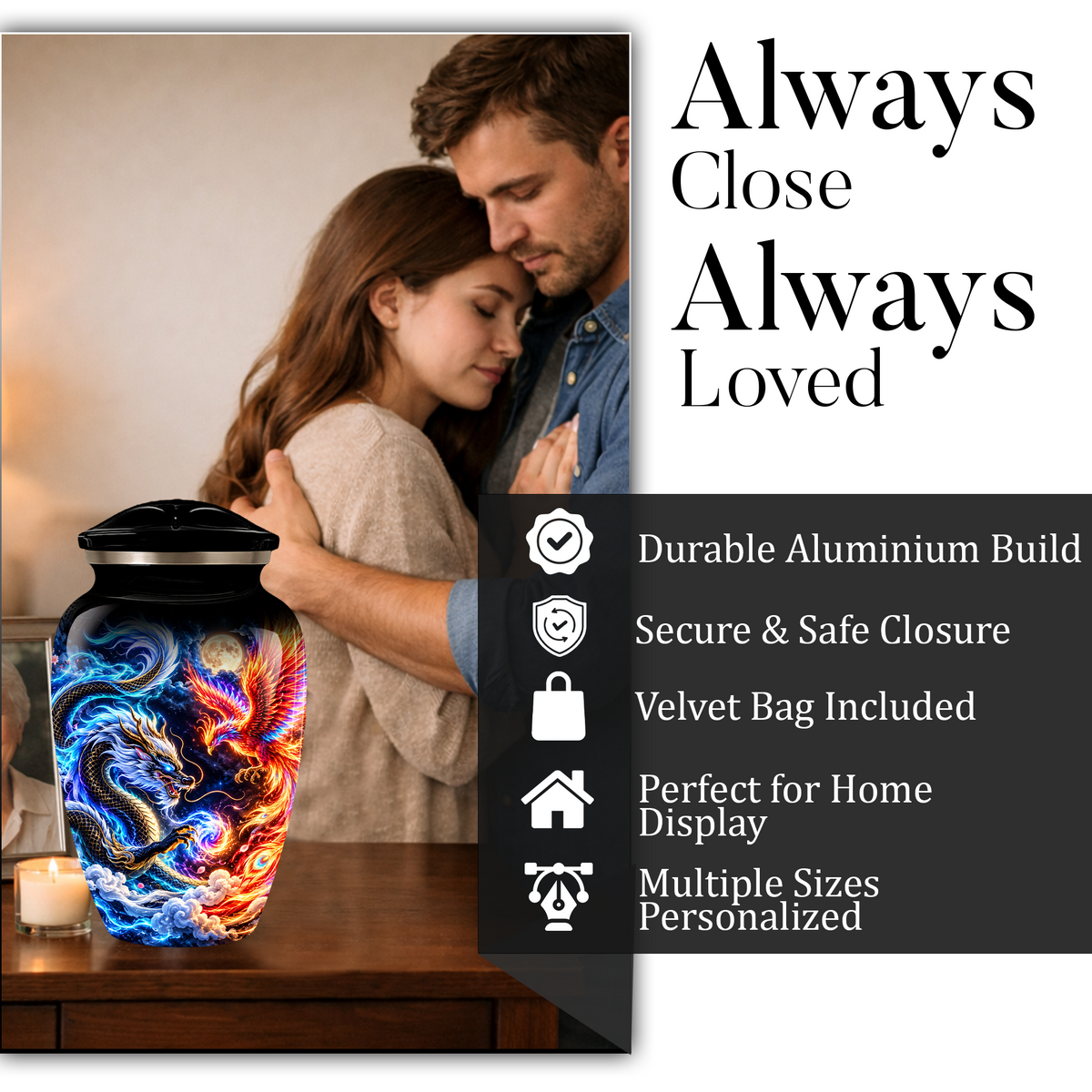 Blue Dragon and Phoenix Cremation Urn for Adult Ashes, Fantasy Bird Memorial Urn