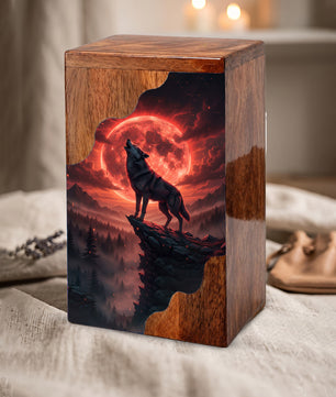 Wooden Cremation Urn – Red Moon Wolf Memorial Urn | Custom Wooden Memorial Urn for Dad
