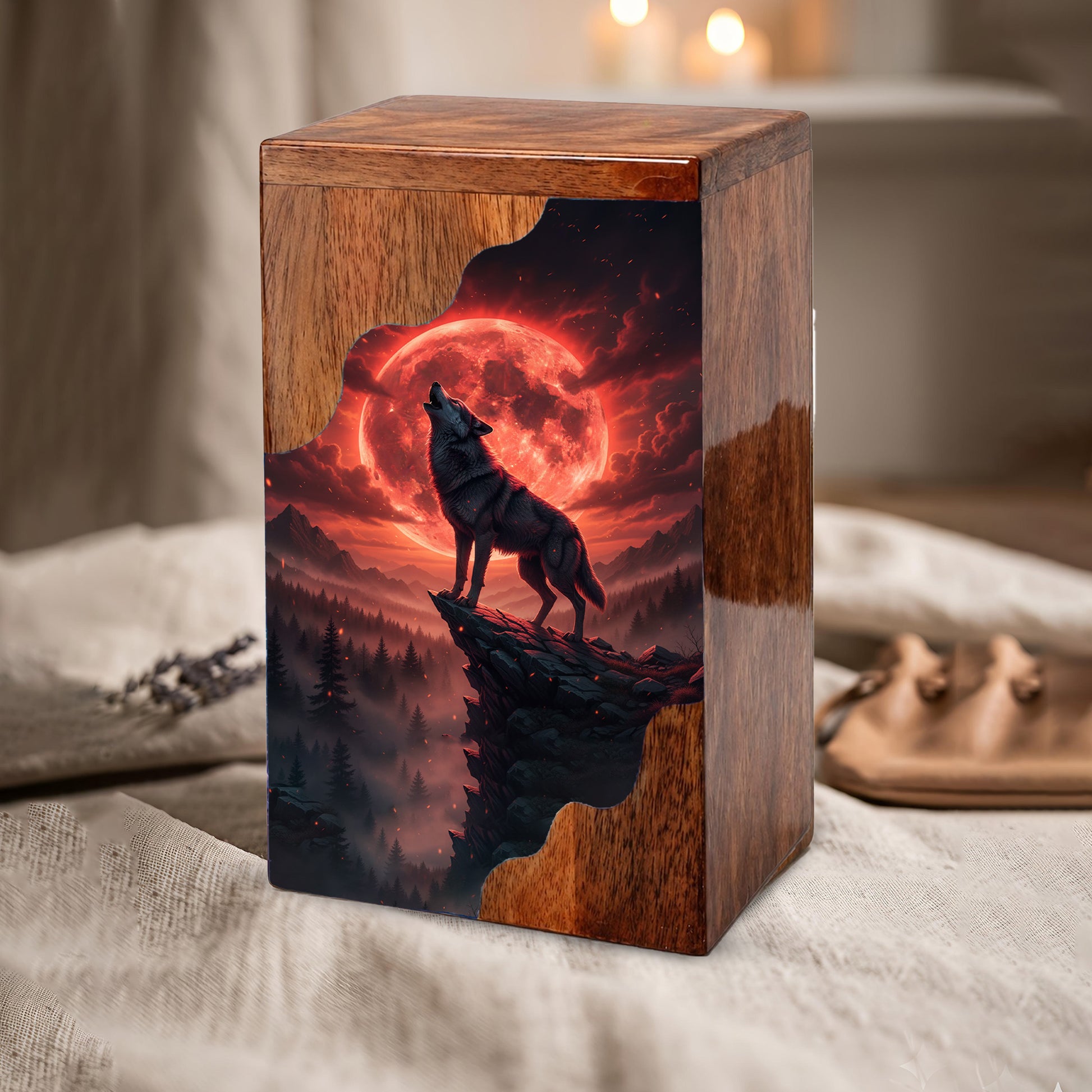 Wooden Cremation Urn – Red Moon Wolf Memorial Urn | Custom Wooden Memorial Urn for Dad