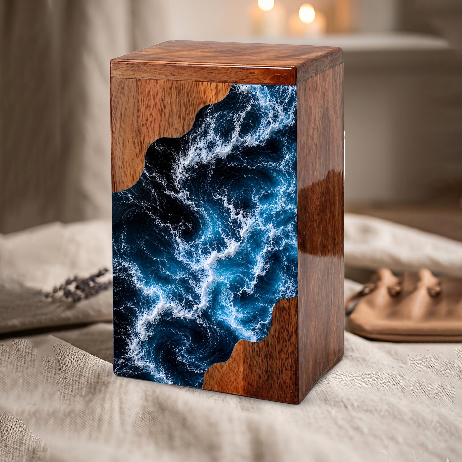 Wooden Ocean Wave Cremation Urn – Wooden Urn for Human Ashes
