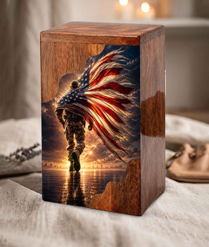 Military Wooden Cremation Urn – Patriotic Memorial Urn for Human Ashes