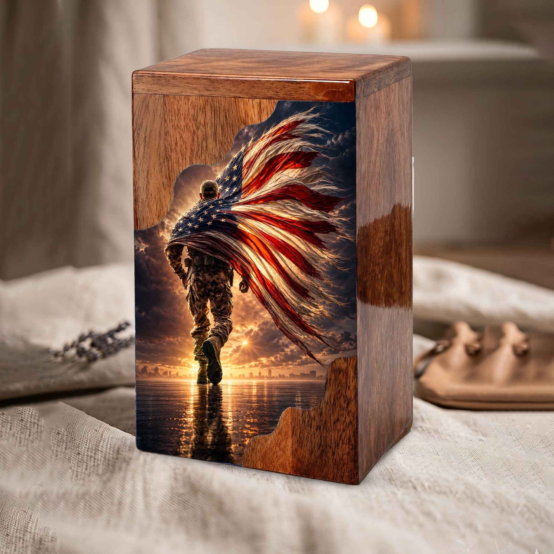 Military Wooden Cremation Urn – Patriotic Memorial Urn for Human Ashes