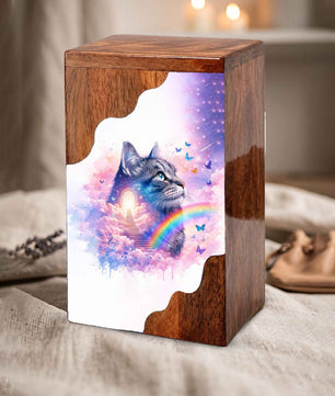 Wooden Cat Cremation Urn – Custom Cat Memorial Urn with Rainbow Bridge Design