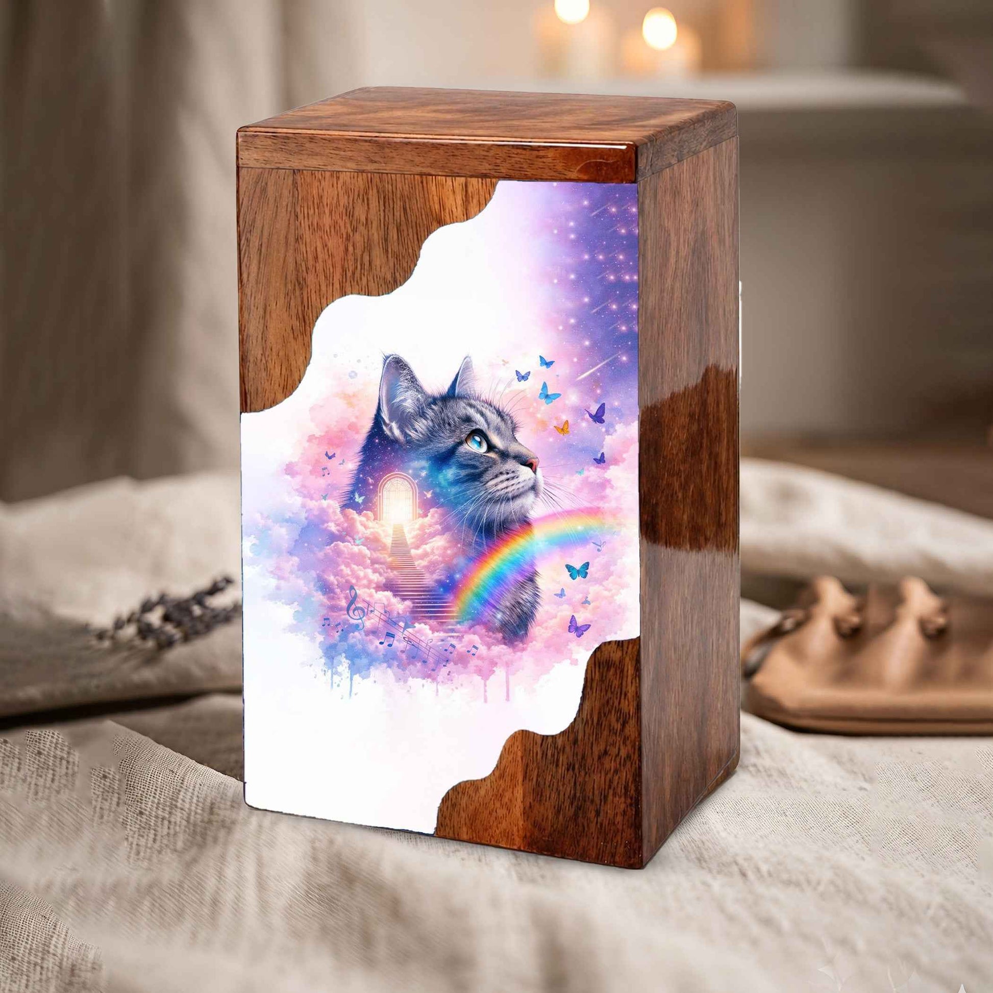 Wooden Cat Cremation Urn – Custom Cat Memorial Urn with Rainbow Bridge Design