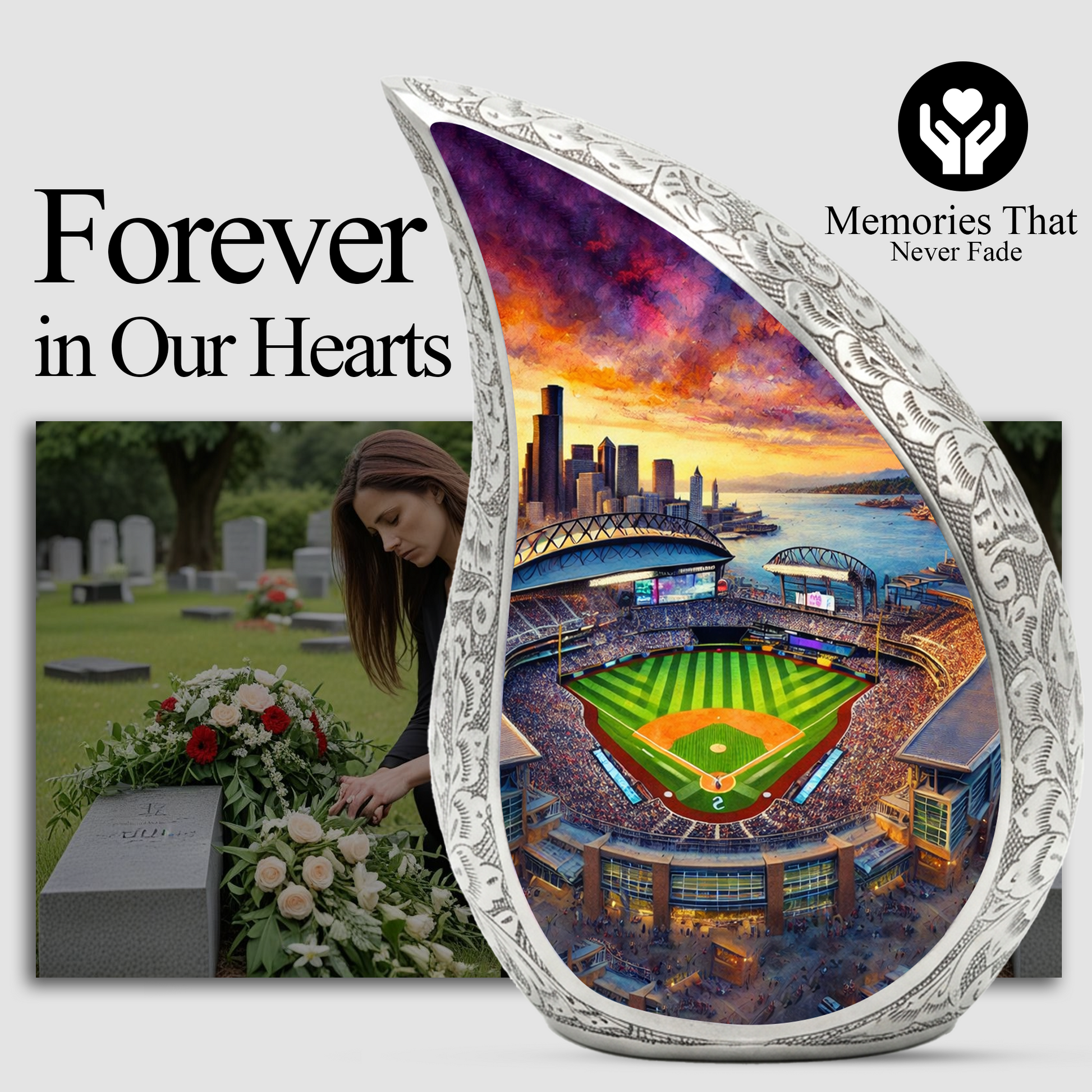 Baseball Stadium Personalized Cremation Urn – Teardrop Style Aluminum Memorial Urn, 10 Inch