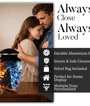Personalized Adult Cremation Urn for Ashes, Fire and Ice Wolf Warrior Memorial Urn, Custom Aluminum Urn