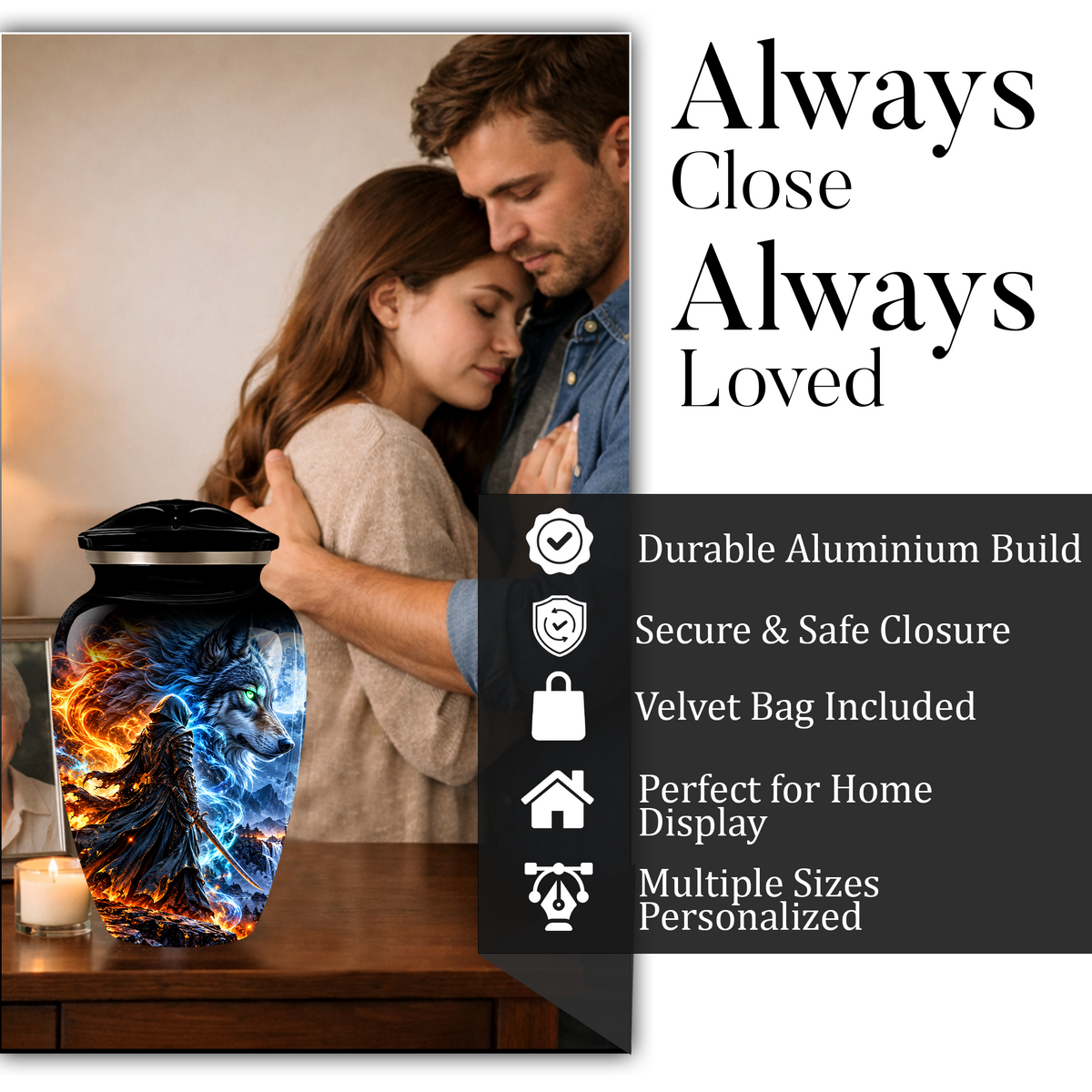Personalized Adult Cremation Urn for Ashes, Fire and Ice Wolf Warrior Memorial Urn, Custom Aluminum Urn