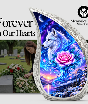 Wolf Adult Cremation Urn for Human Ashes, White Wolf and Pink Rose Memorial Urn