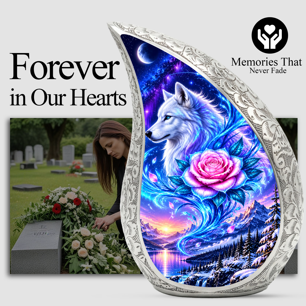 Wolf Adult Cremation Urn for Human Ashes, White Wolf and Pink Rose Memorial Urn