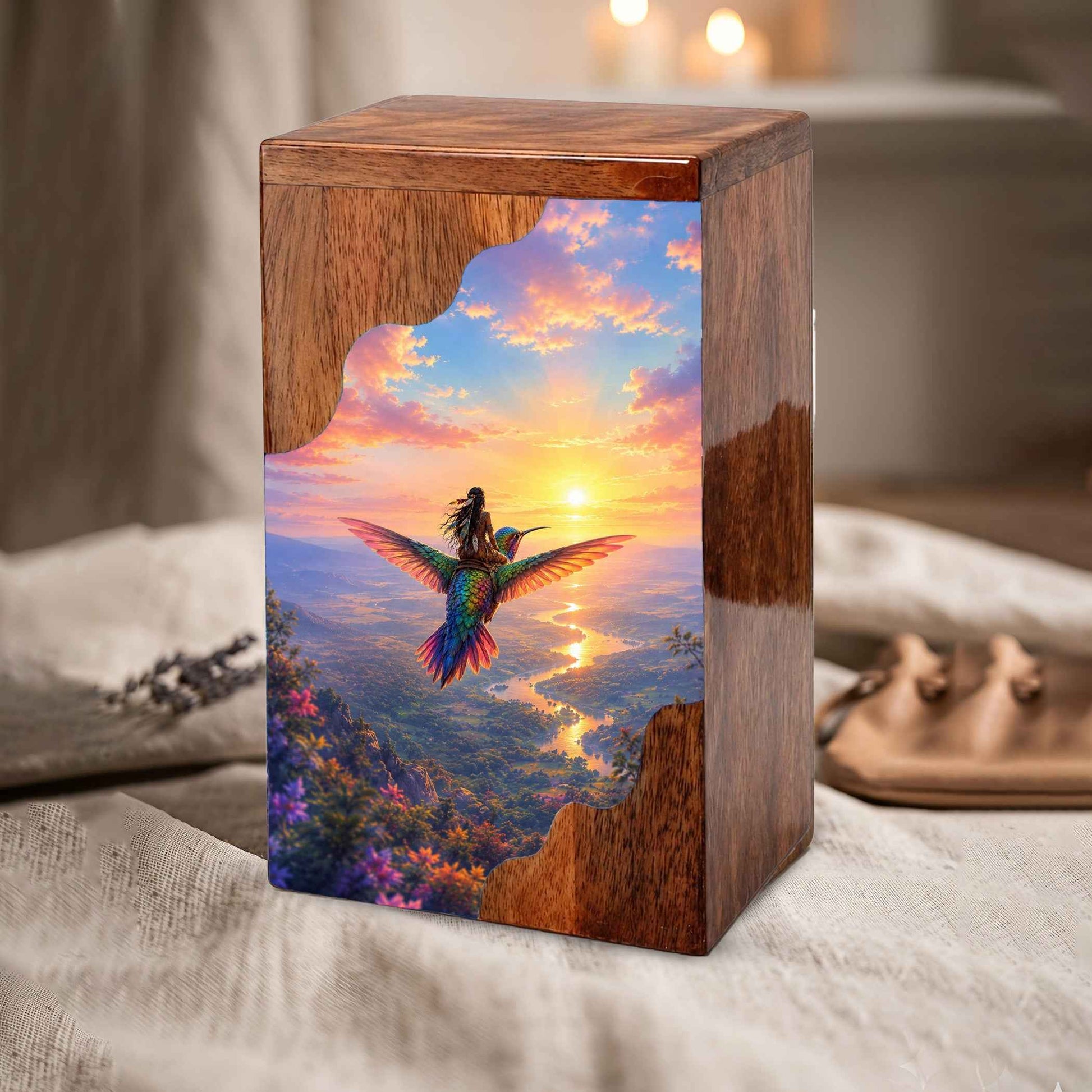 Hummingbird Wooden Cremation Urn for Human Ashes