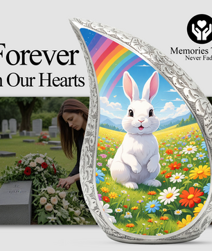 Personalized Rabbit Cremation Urn – Rainbow Meadow Teardrop Memorial Urn, 10 Inch Aluminum