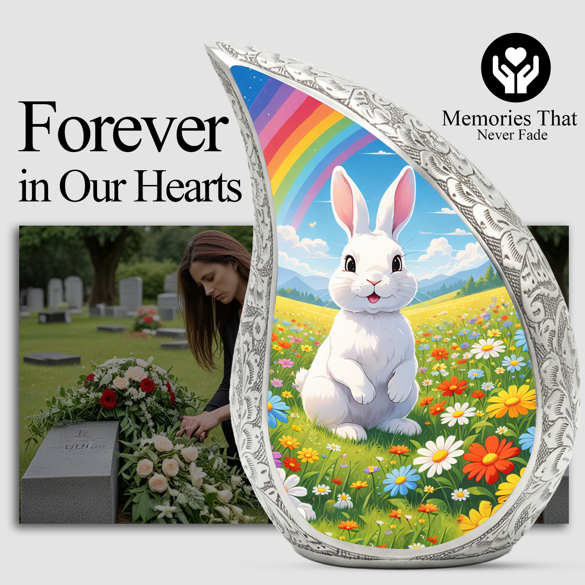 Personalized Rabbit Cremation Urn – Rainbow Meadow Teardrop Memorial Urn, 10 Inch Aluminum