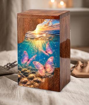 Butterfly Ocean Cremation Urn – Wooden Urn for Human Ashes