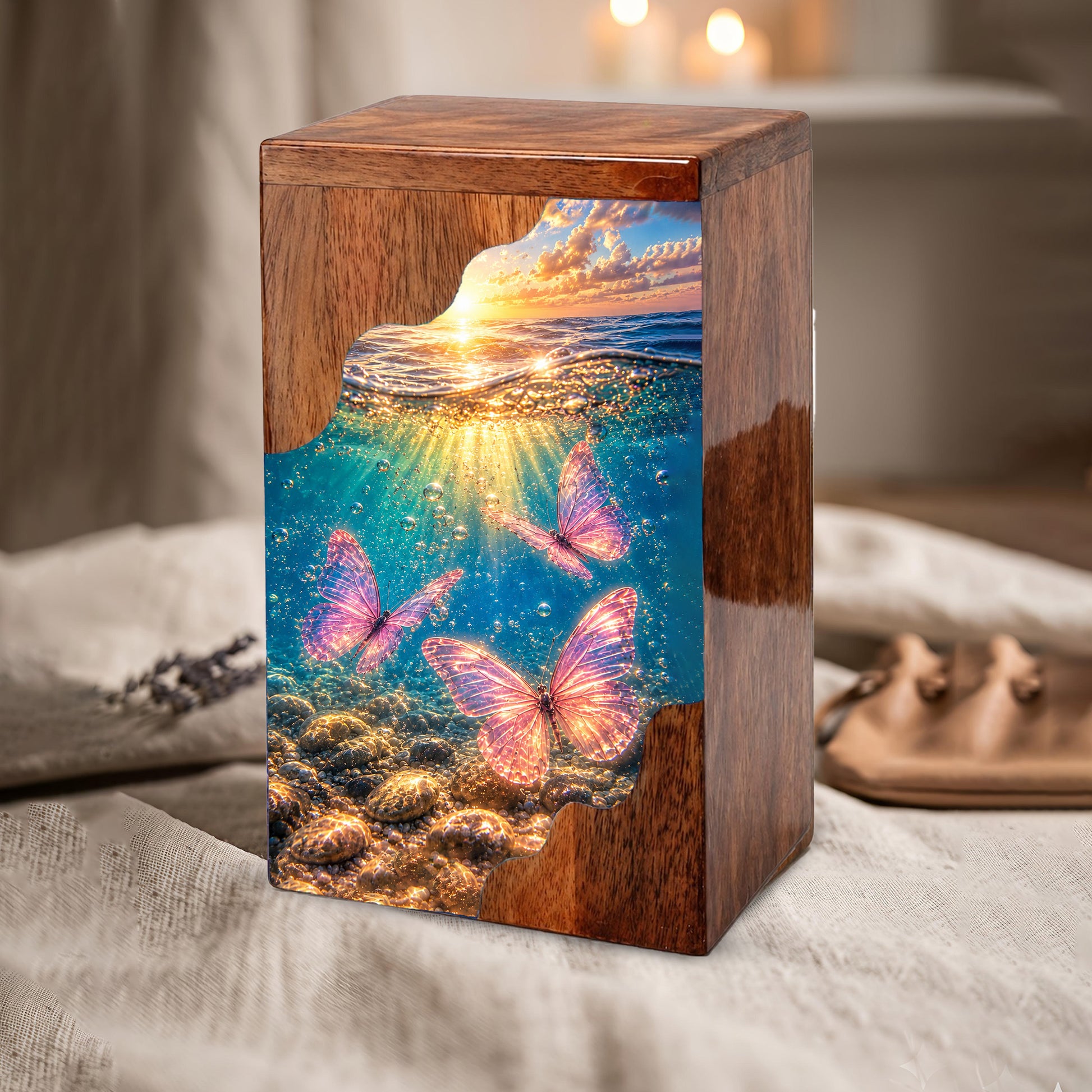 Butterfly Ocean Cremation Urn – Wooden Urn for Human Ashes