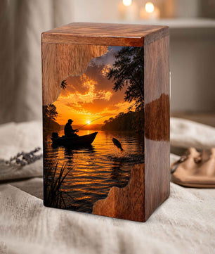 Sunset Fishing Wooden Cremation Urn – Gone Fishing Memorial Urn for Human Ashes