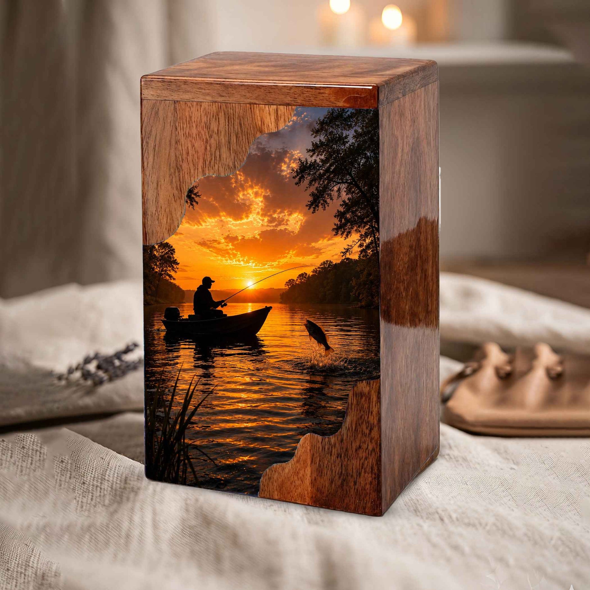 Sunset Fishing Wooden Cremation Urn – Gone Fishing Memorial Urn for Human Ashes
