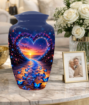 Blue Butterfly Cremation Urn for Ashes - Heart Beach Sunset Keepsake Urns