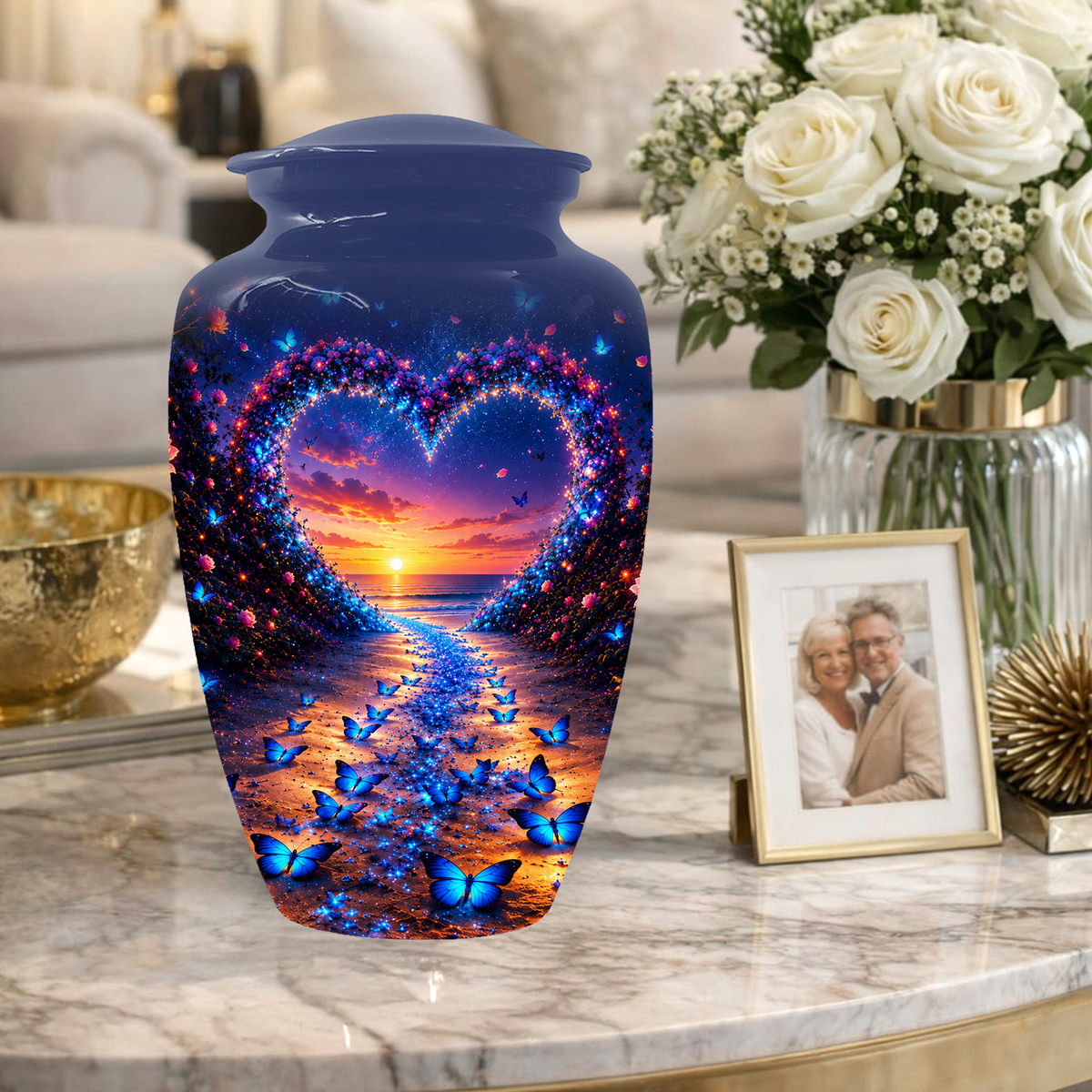 Blue Butterfly Cremation Urn for Ashes - Heart Beach Sunset Keepsake Urns