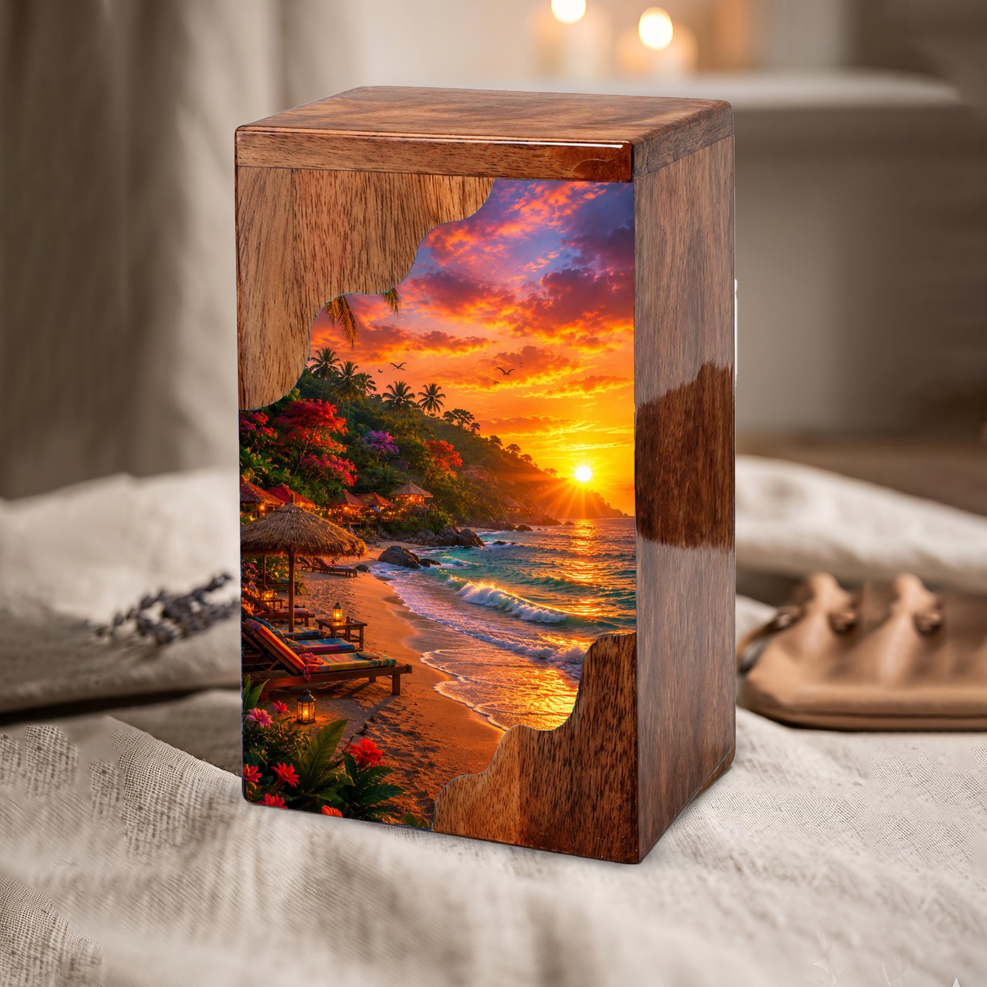 Tropical Beach Wooden Cremation Urn – Wooden Urn for Human Ashes |