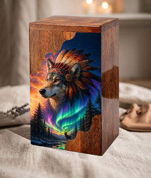 Wolf Wooden Cremation Urn – Northern Lights Memorial Urn
