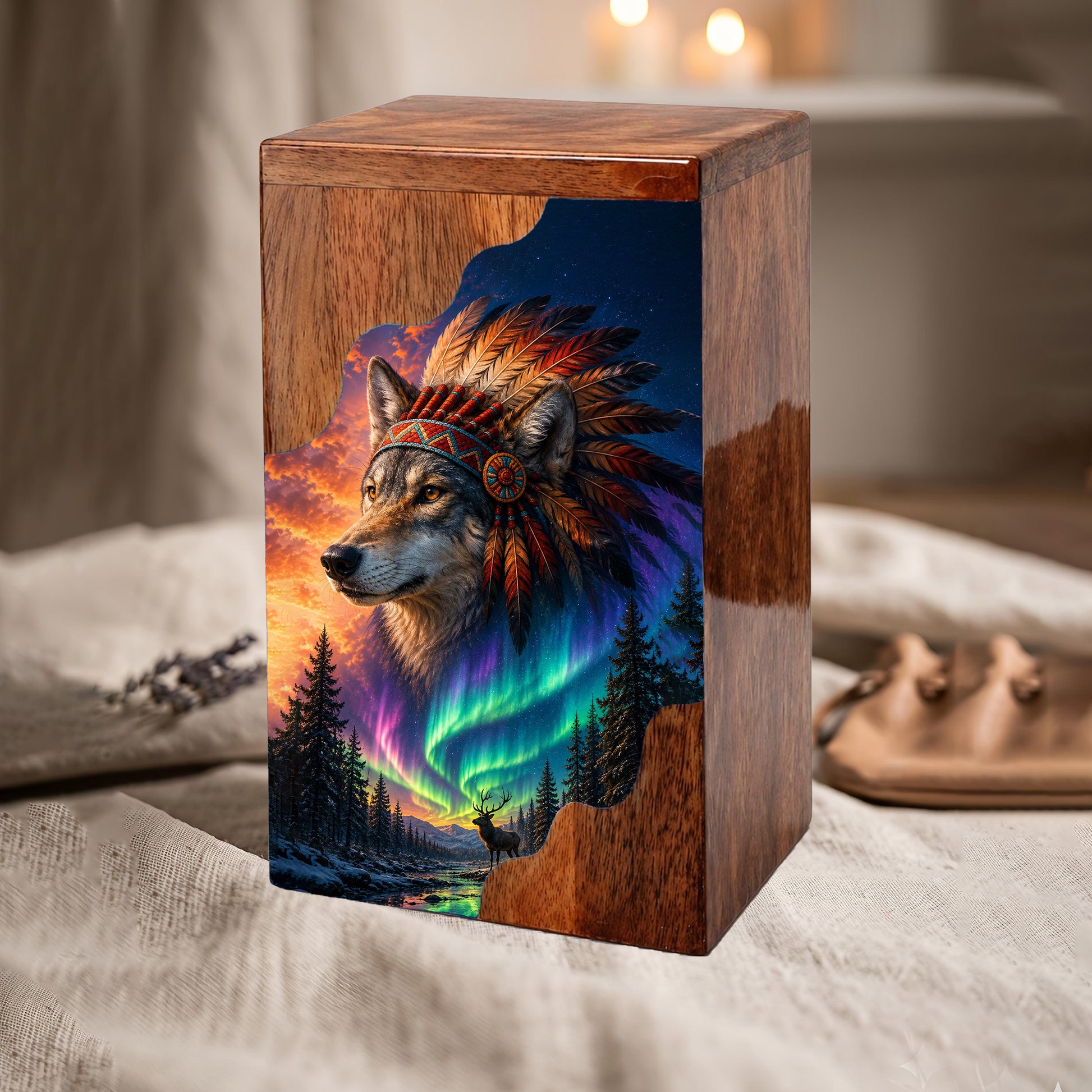Wolf Wooden Cremation Urn – Northern Lights Memorial Urn