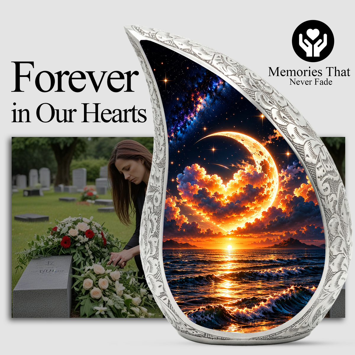 Ocean Sunset Adult Urn for Ashes, Golden Moon Cremation Urn for Human Ashes