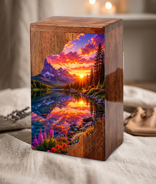 Sunset Wooden Cremation Urn – Mountain Lake Memorial Urn for Human Ashes