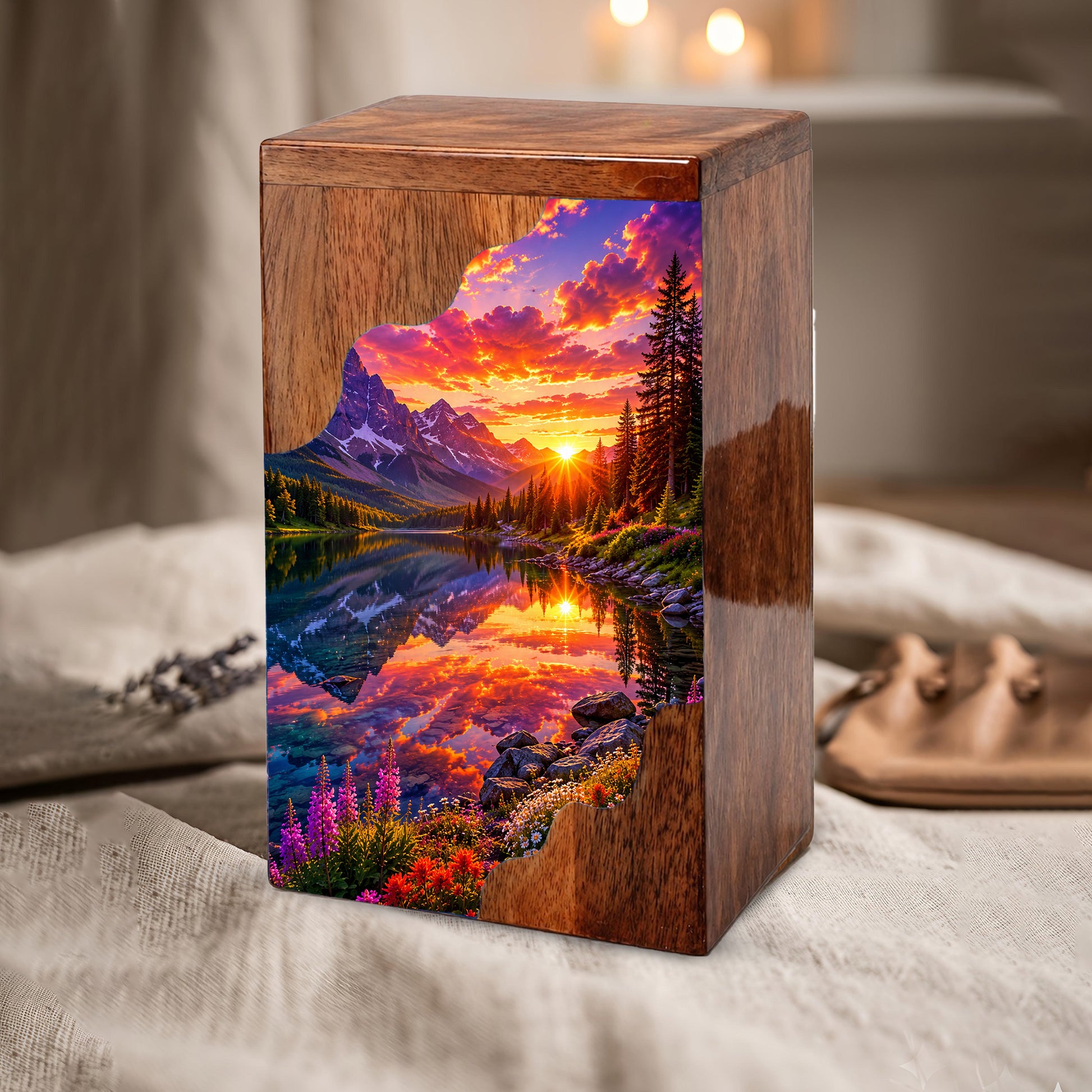 Sunset Wooden Cremation Urn – Mountain Lake Memorial Urn for Human Ashes