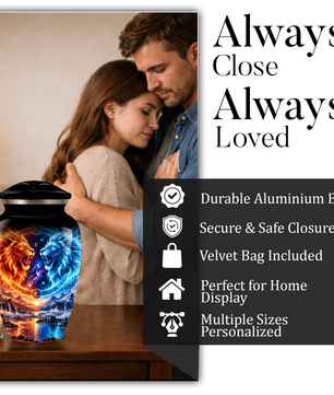 Personalized Adult Cremation Urn for Ashes, Fire and Ice Twin Lion Memorial Urn