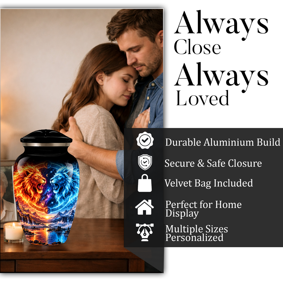 Personalized Adult Cremation Urn for Ashes, Fire and Ice Twin Lion Memorial Urn