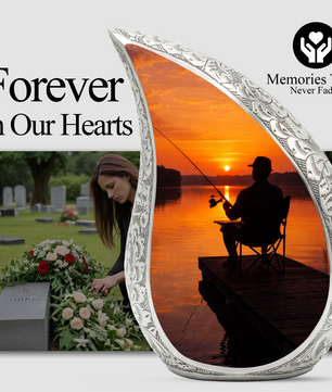 Personalized Fishing Cremation Urn for Dad – Custom Memorial Urn for Ashes, Sunset Lake Teardrop Aluminum Adult Urn, 10 Inch