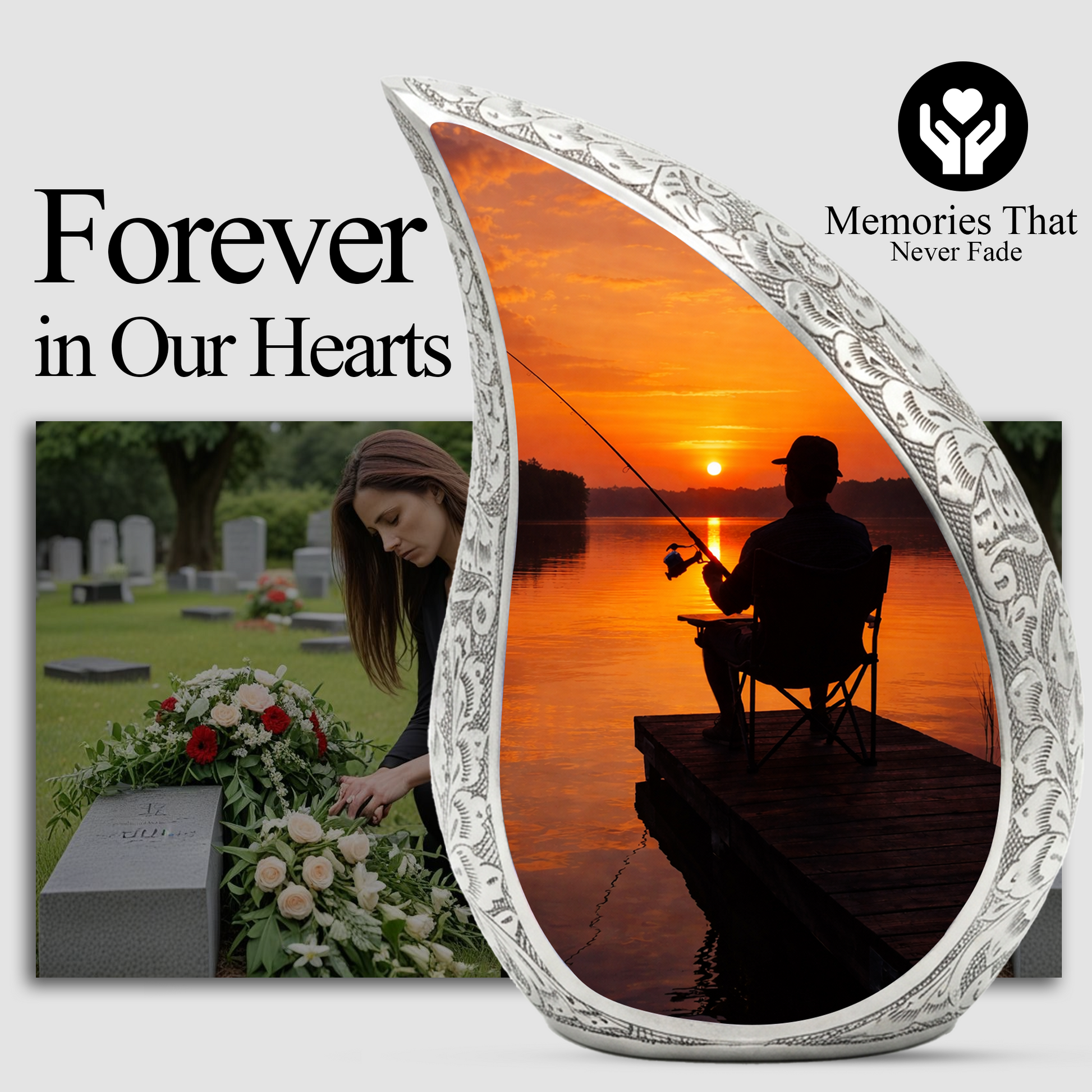 Personalized Fishing Cremation Urn for Dad – Custom Memorial Urn for Ashes, Sunset Lake Teardrop Aluminum Adult Urn, 10 Inch