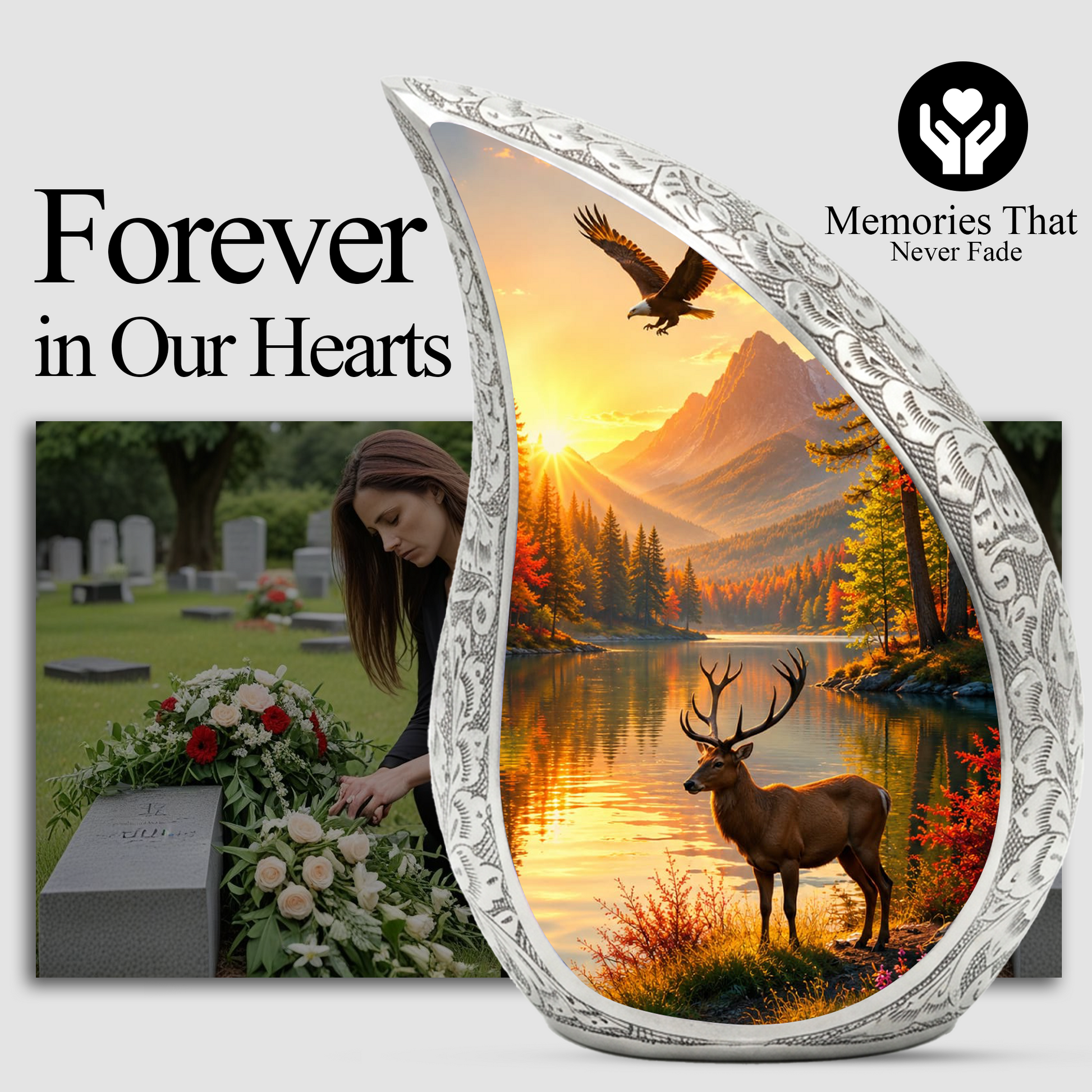 Deer Memorial Adult Urn for Ashes, Mountain Lake Cremation Urn
